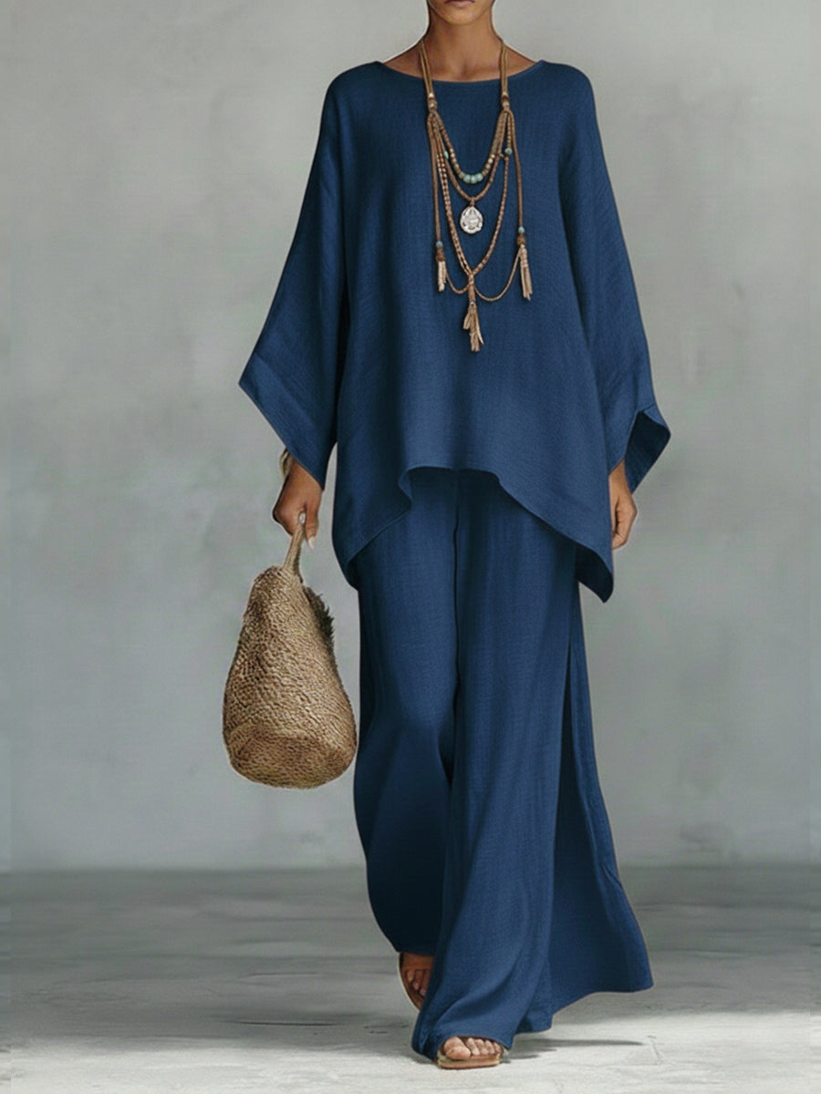 Women's Linen Two Piece Set Loose Fit Batwing Top and Wide Leg Trousers