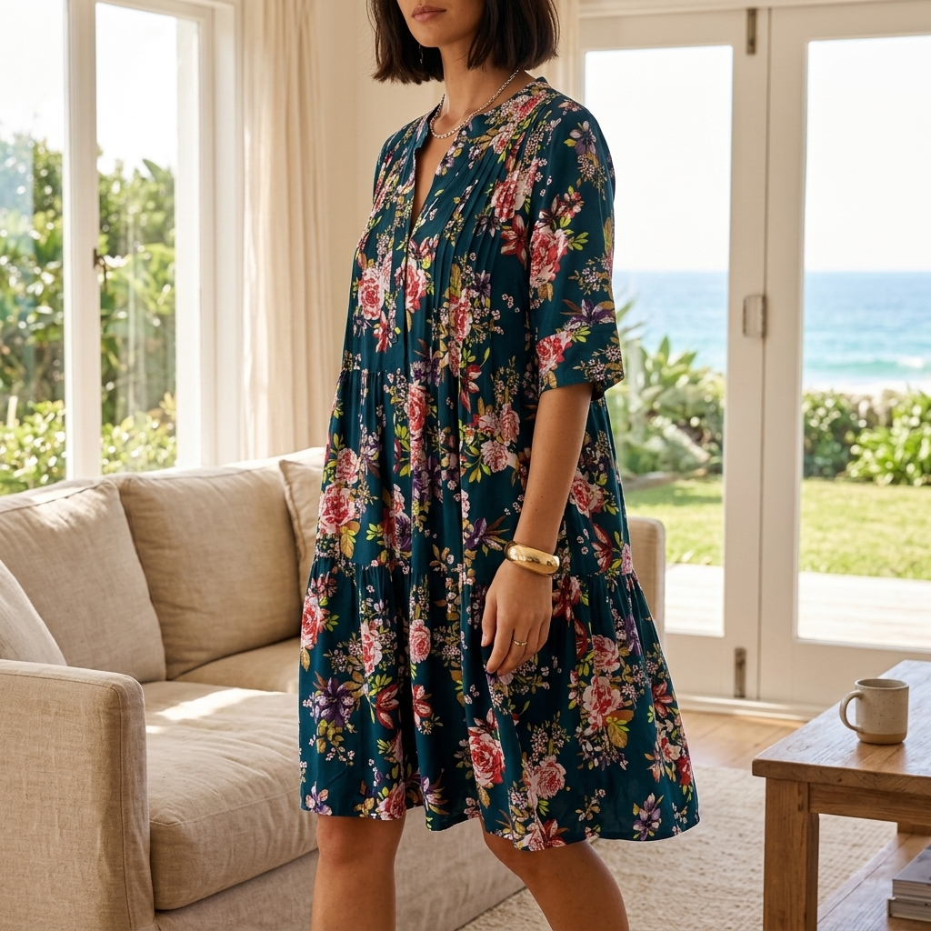 Evie Mini Dress - 3/4 Sleeve Tiered Smock Dress in Jeani Print Beige