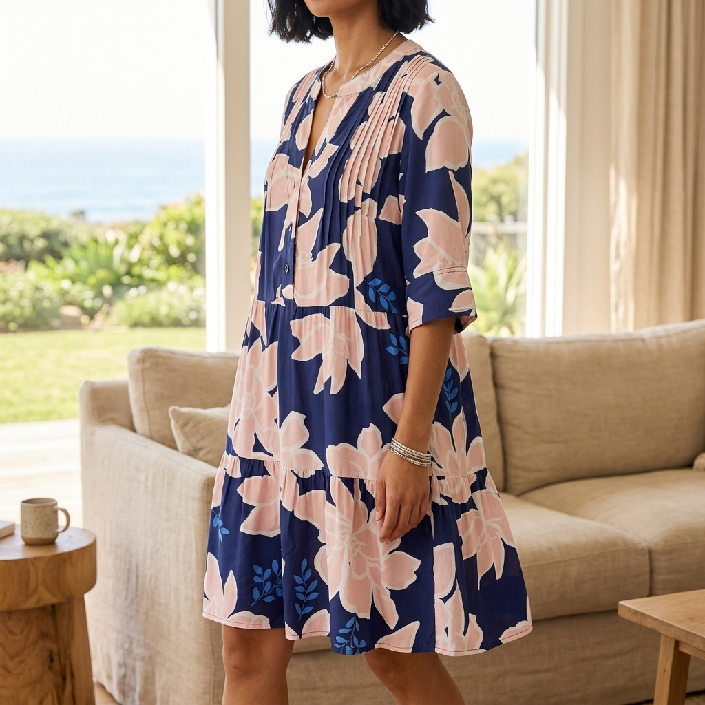 Evie Mini Dress - 3/4 Sleeve Tiered Smock Dress in Jeani Print Beige