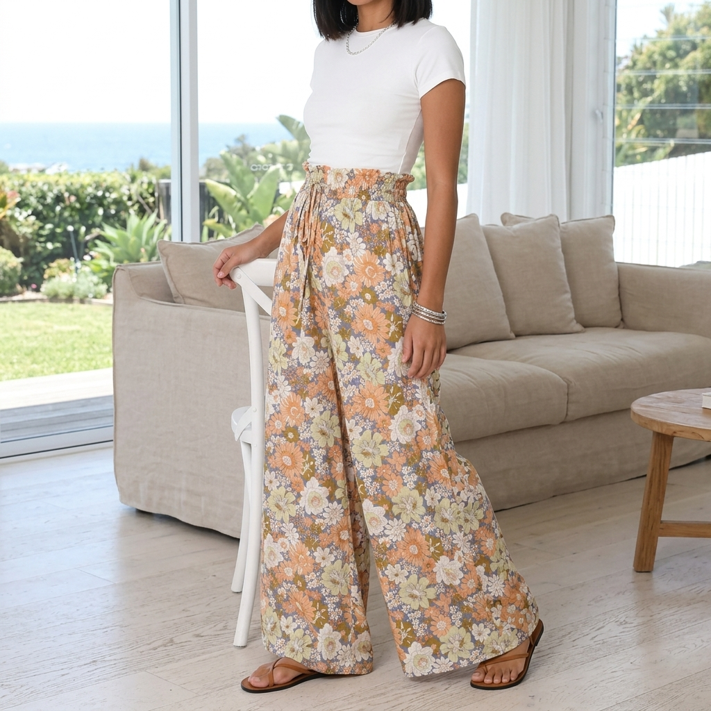 Avianna Pants - Paper Bag High Waisted Wide Leg Pants in Floral Print