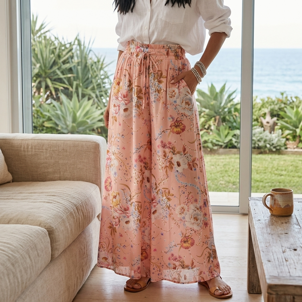 Avianna Pants - Paper Bag High Waisted Wide Leg Pants in Floral Print