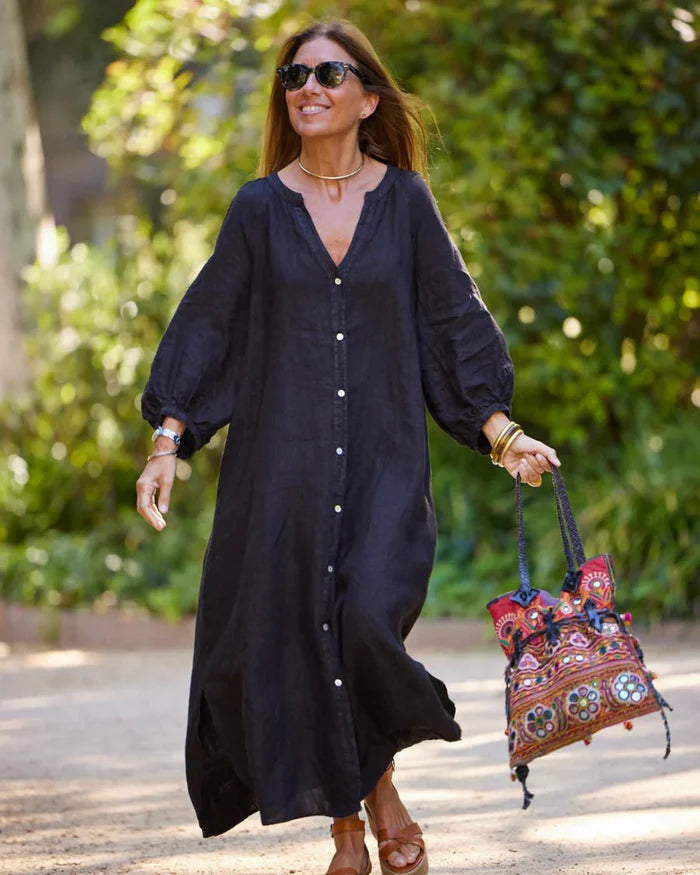 Women's Linen Button Down Long Sleeve Maxi Dress