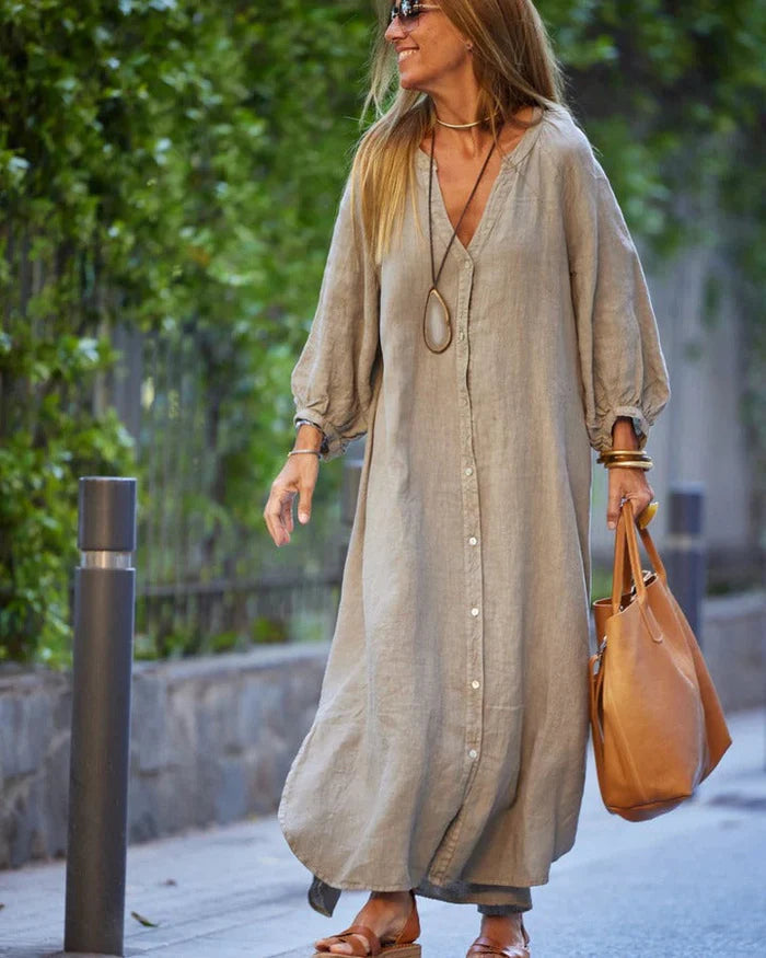 Women's Linen Button Down Long Sleeve Maxi Dress