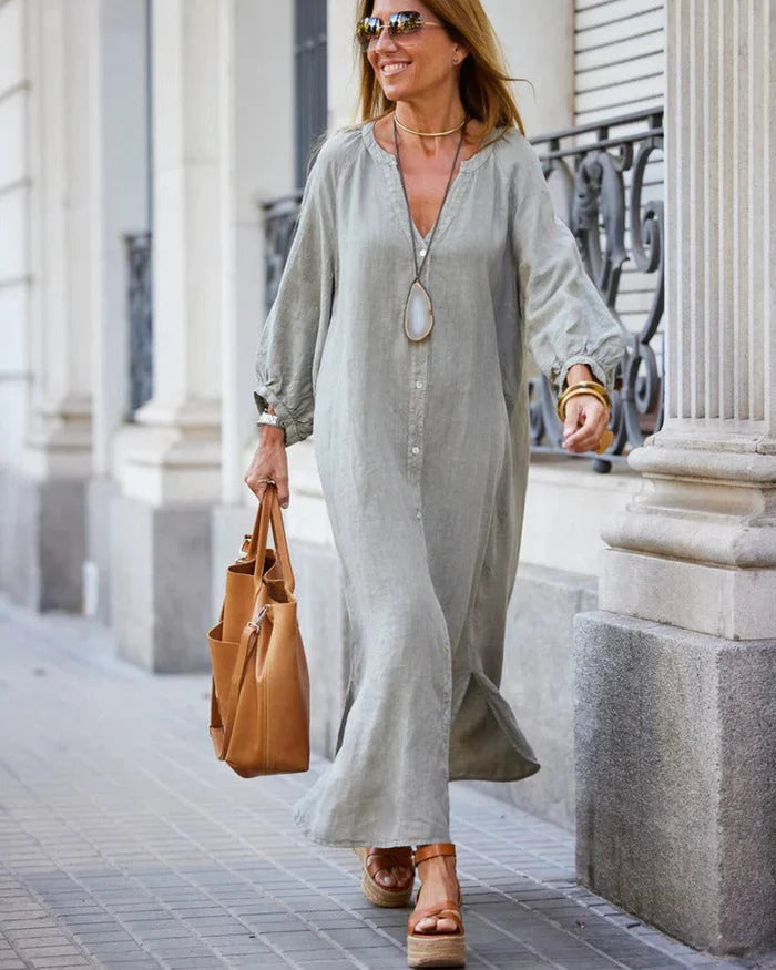 Women's Linen Button Down Long Sleeve Maxi Dress